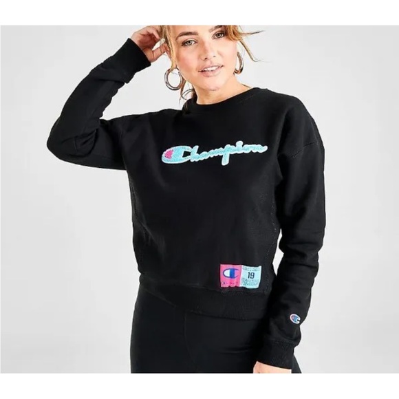 Champion Tops - Champion Reverse Weave Black Teal Chenille Script Logo Crewneck Sweatshirt L